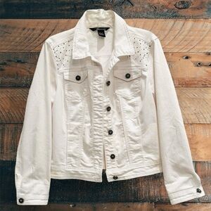 Baccini Large White Denim Jacket Cotton Poly Spandex Beaded Stretch Pockets